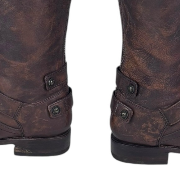 FRYE VERONICA BROWN DISTRESSED TALL MOTO EQUESTRIAN STYLE BACK ZIP LEATHER BOOTS - Picture 9 of 14
